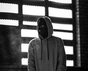 Preview wallpaper man, mask, hood, hoodie, bw