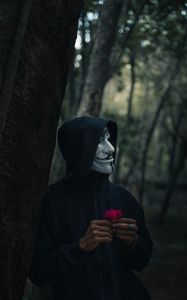 Preview wallpaper man, mask, hood, anonymous, forest