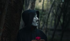 Preview wallpaper man, mask, hood, anonymous, forest