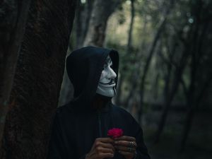 Preview wallpaper man, mask, hood, anonymous, forest