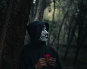 Preview wallpaper man, mask, hood, anonymous, forest