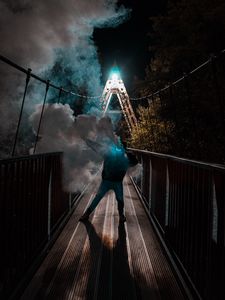 Preview wallpaper man, mask, neon, smoke, bridge