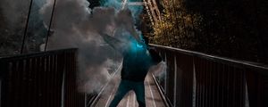 Preview wallpaper man, mask, neon, smoke, bridge