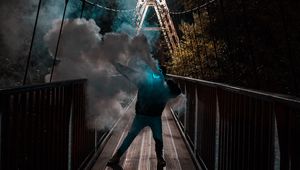 Preview wallpaper man, mask, neon, smoke, bridge