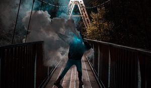 Preview wallpaper man, mask, neon, smoke, bridge