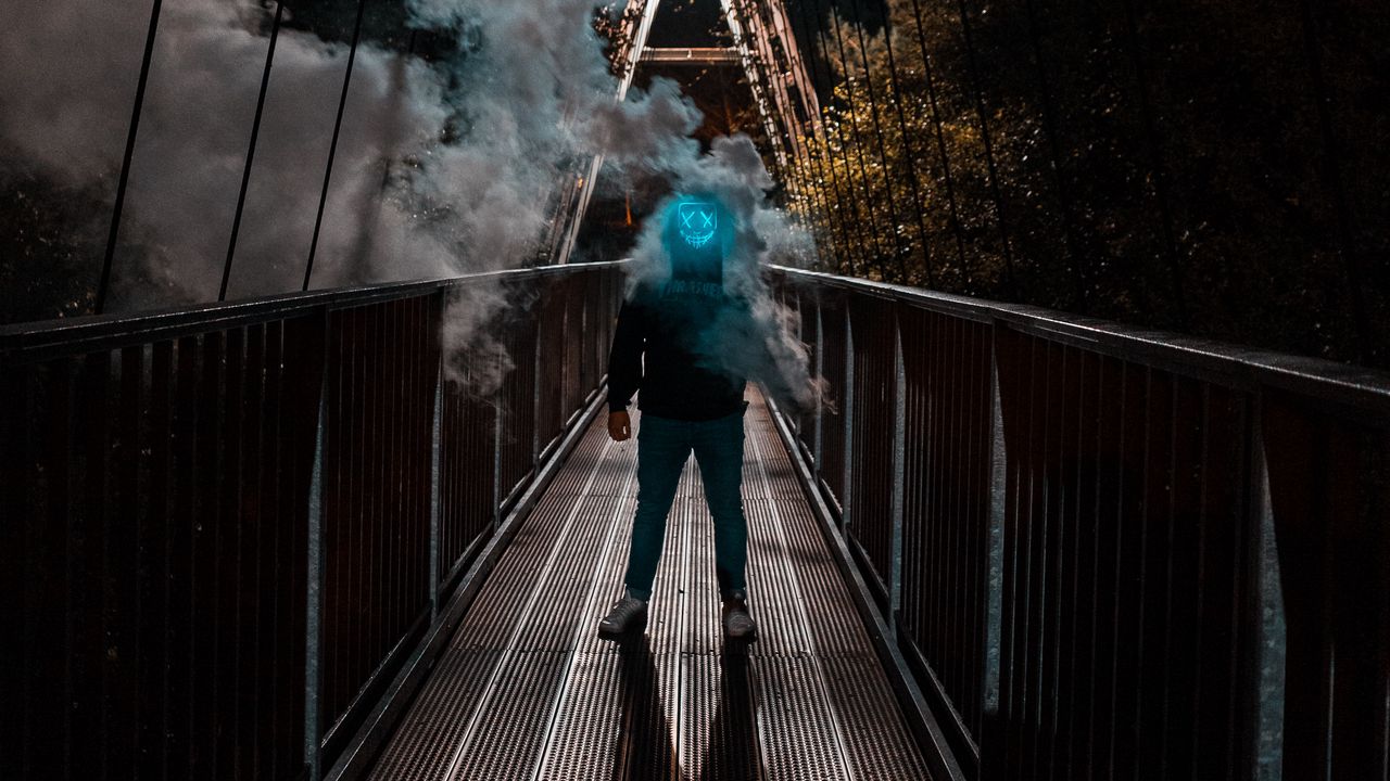 Wallpaper man, mask, neon, smoke, bridge, anonymous