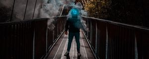 Preview wallpaper man, mask, neon, smoke, bridge, anonymous