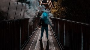 Preview wallpaper man, mask, neon, smoke, bridge, anonymous