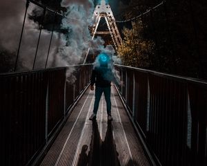 Preview wallpaper man, mask, neon, smoke, bridge, anonymous