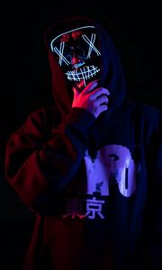 Preview wallpaper man, mask, neon, hood, dark, glow