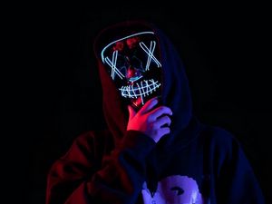 Preview wallpaper man, mask, neon, hood, dark, glow