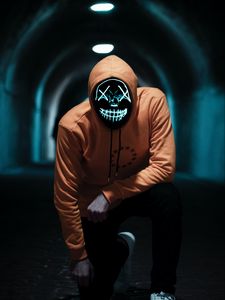 Preview wallpaper man, mask, neon, anonymous, tunnel