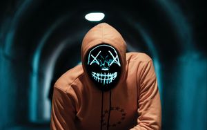 Preview wallpaper man, mask, neon, anonymous, tunnel