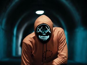 Preview wallpaper man, mask, neon, anonymous, tunnel