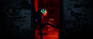 Preview wallpaper man, mask, neon, anonymous, arch, light, dark