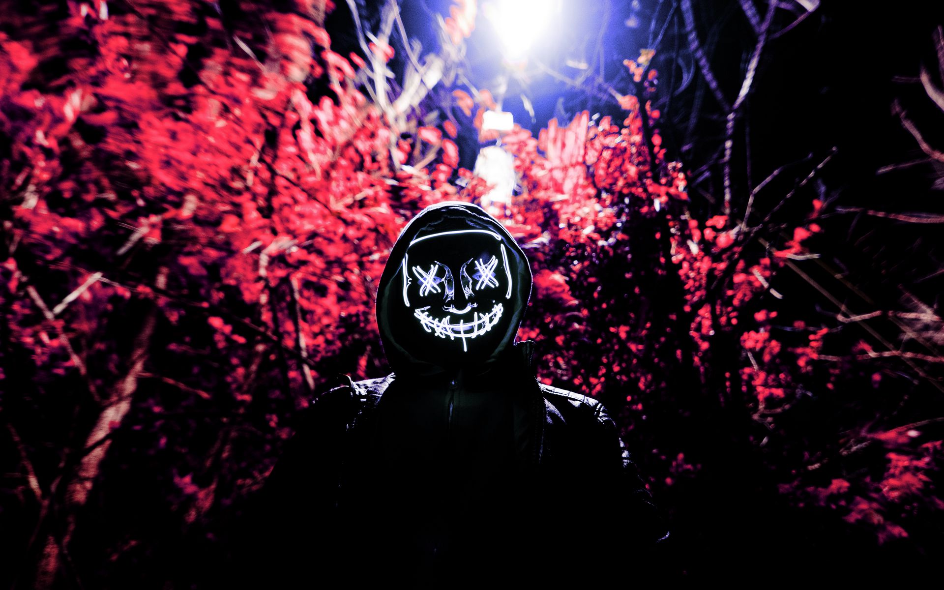 1920x1200 Wallpaper man, mask, neon, anonymous, light, dark