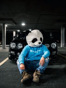 Preview wallpaper man, mask, panda, car