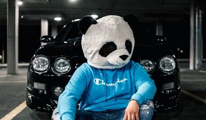 Preview wallpaper man, mask, panda, car