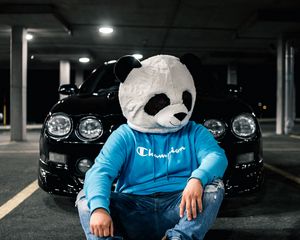 Preview wallpaper man, mask, panda, car