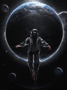 Preview wallpaper man, mask, planets, dark