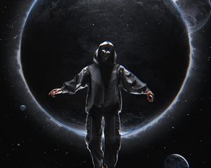 Preview wallpaper man, mask, planets, dark