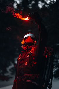 Preview wallpaper man, mask, pyrotechnics, fire, light, dark