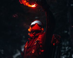 Preview wallpaper man, mask, pyrotechnics, fire, light, dark