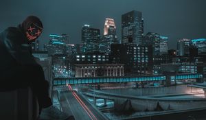 Preview wallpaper man, mask, roof, city, night