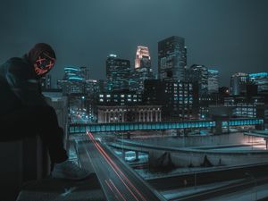 Preview wallpaper man, mask, roof, city, night