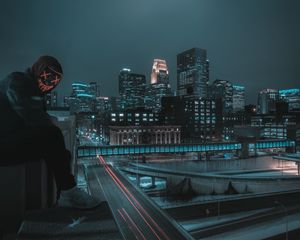 Preview wallpaper man, mask, roof, city, night
