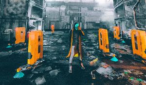 Preview wallpaper man, mask, ruins, city, art