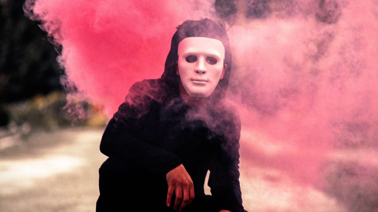 Wallpaper man, mask, smoke, cloud, pink