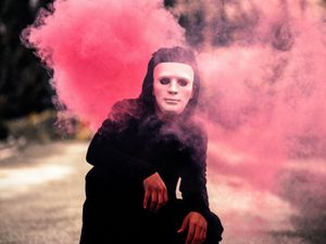 Preview wallpaper man, mask, smoke, cloud, pink