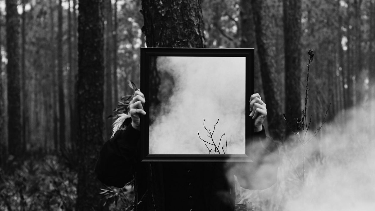 Wallpaper man, mirror, smoke, bw, forest