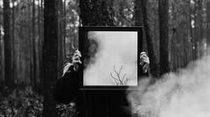 Preview wallpaper man, mirror, smoke, bw, forest