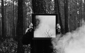 Preview wallpaper man, mirror, smoke, bw, forest