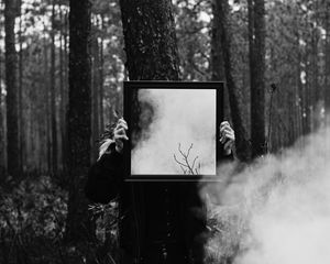 Preview wallpaper man, mirror, smoke, bw, forest