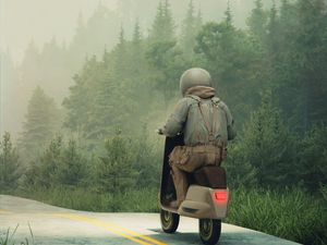 Preview wallpaper man, moped, road, forest, art