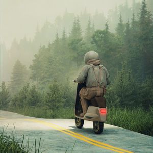 Preview wallpaper man, moped, road, forest, art