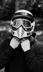 Preview wallpaper man, motorcyclist, helmet, bw