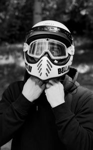 Preview wallpaper man, motorcyclist, helmet, bw