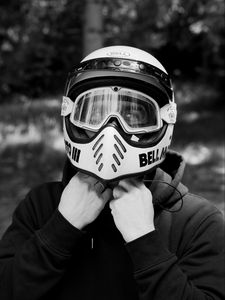 Preview wallpaper man, motorcyclist, helmet, bw