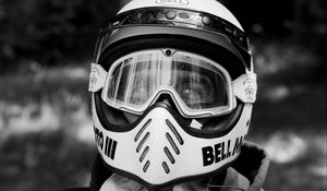 Preview wallpaper man, motorcyclist, helmet, bw