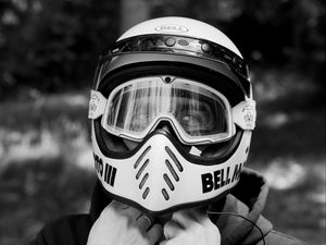 Preview wallpaper man, motorcyclist, helmet, bw