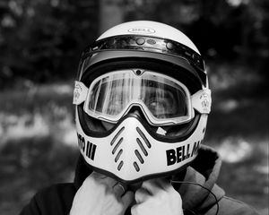 Preview wallpaper man, motorcyclist, helmet, bw