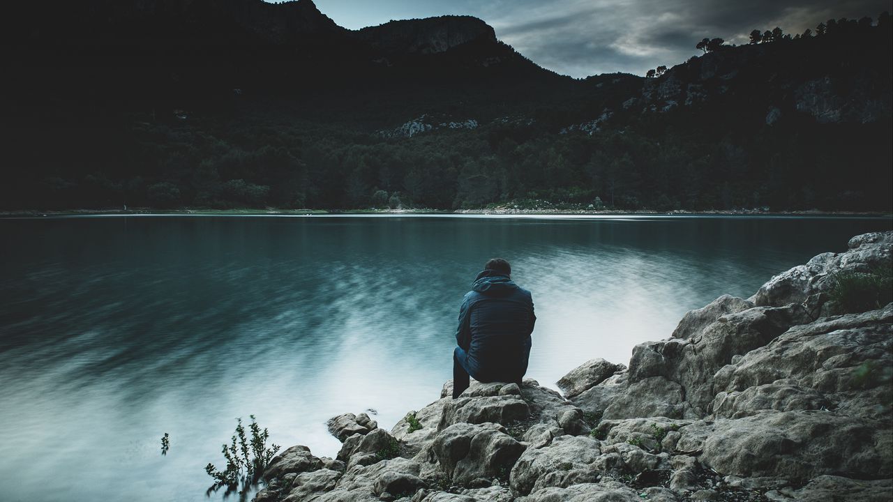 Wallpaper man, mountain, lake, landscape