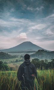 Preview wallpaper man, mountain, volcano, nature, landscape