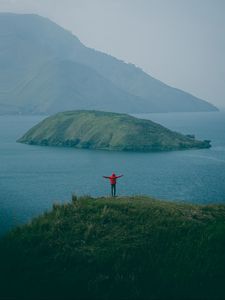 Preview wallpaper man, mountains, island, sea, fog