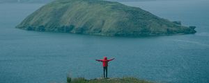 Preview wallpaper man, mountains, island, sea, fog