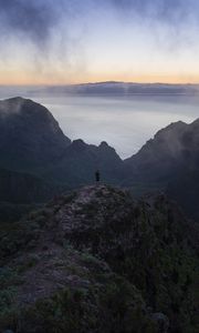 Preview wallpaper man, mountains, sea, view, alone